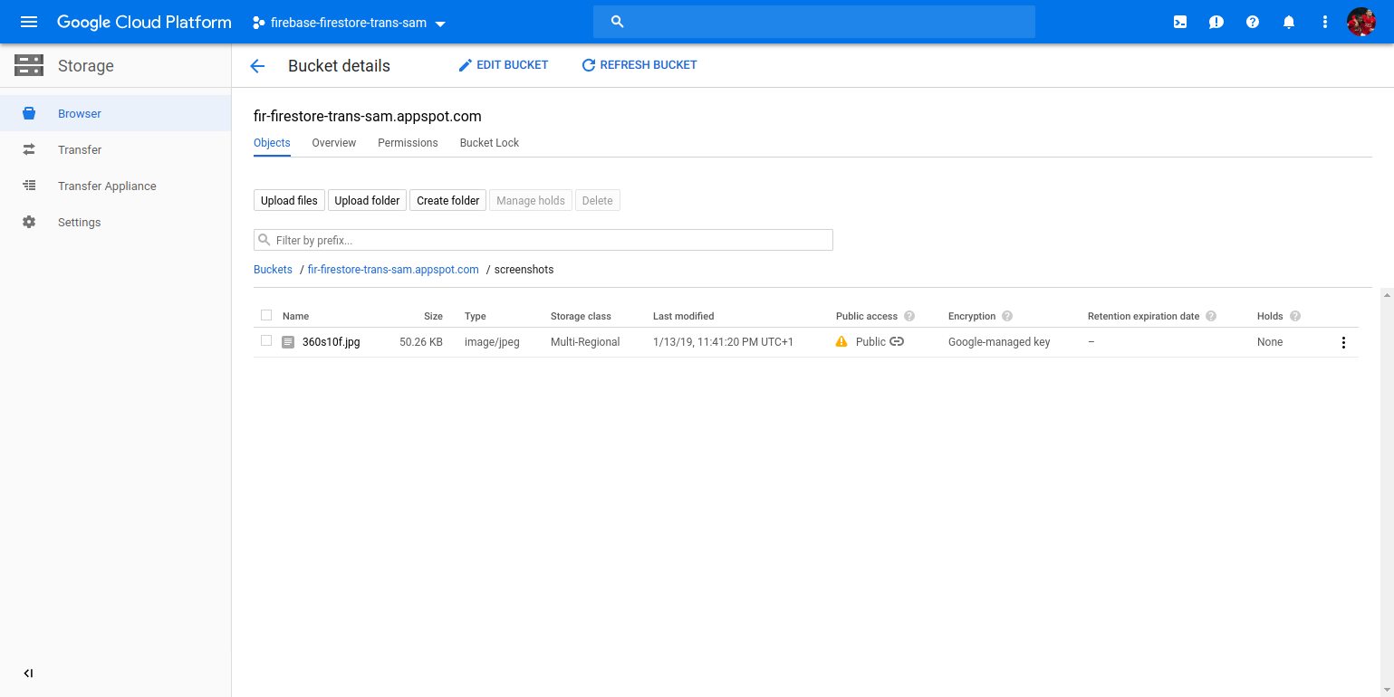 Die Screenshots in meinem Google-Cloud-Storage-Bucket