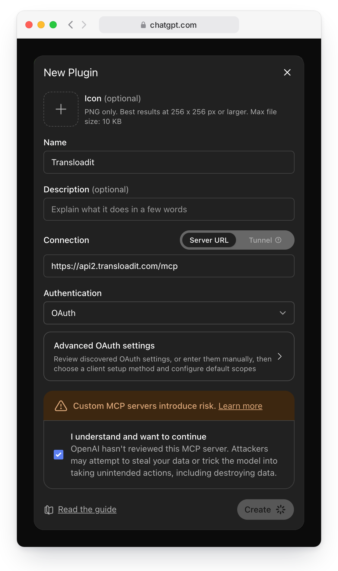 ChatGPT’s New Plugin dialog with the name Transloadit, the server URL https://api2.transloadit.com/mcp, and OAuth selected as authentication