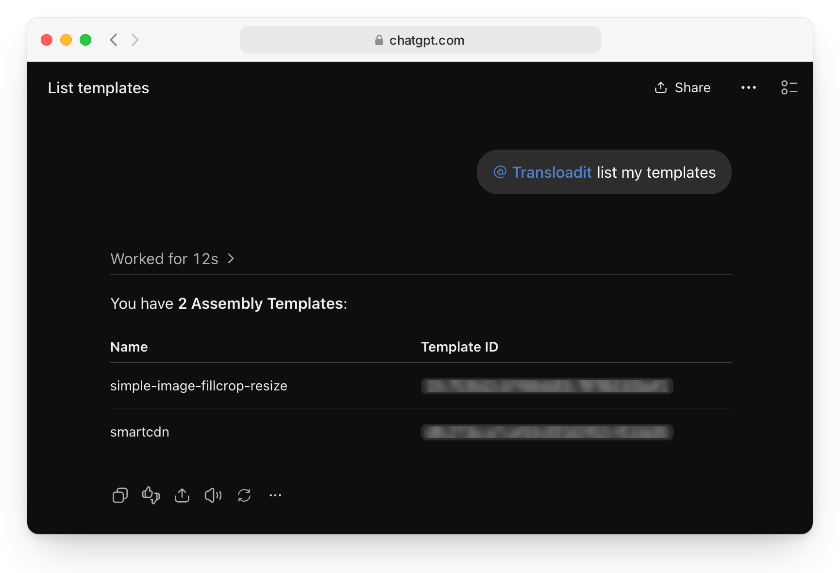 A ChatGPT conversation with the prompt “@Transloadit list my templates” and the reply “You have 2 Assembly Templates”, followed by a table of Template names