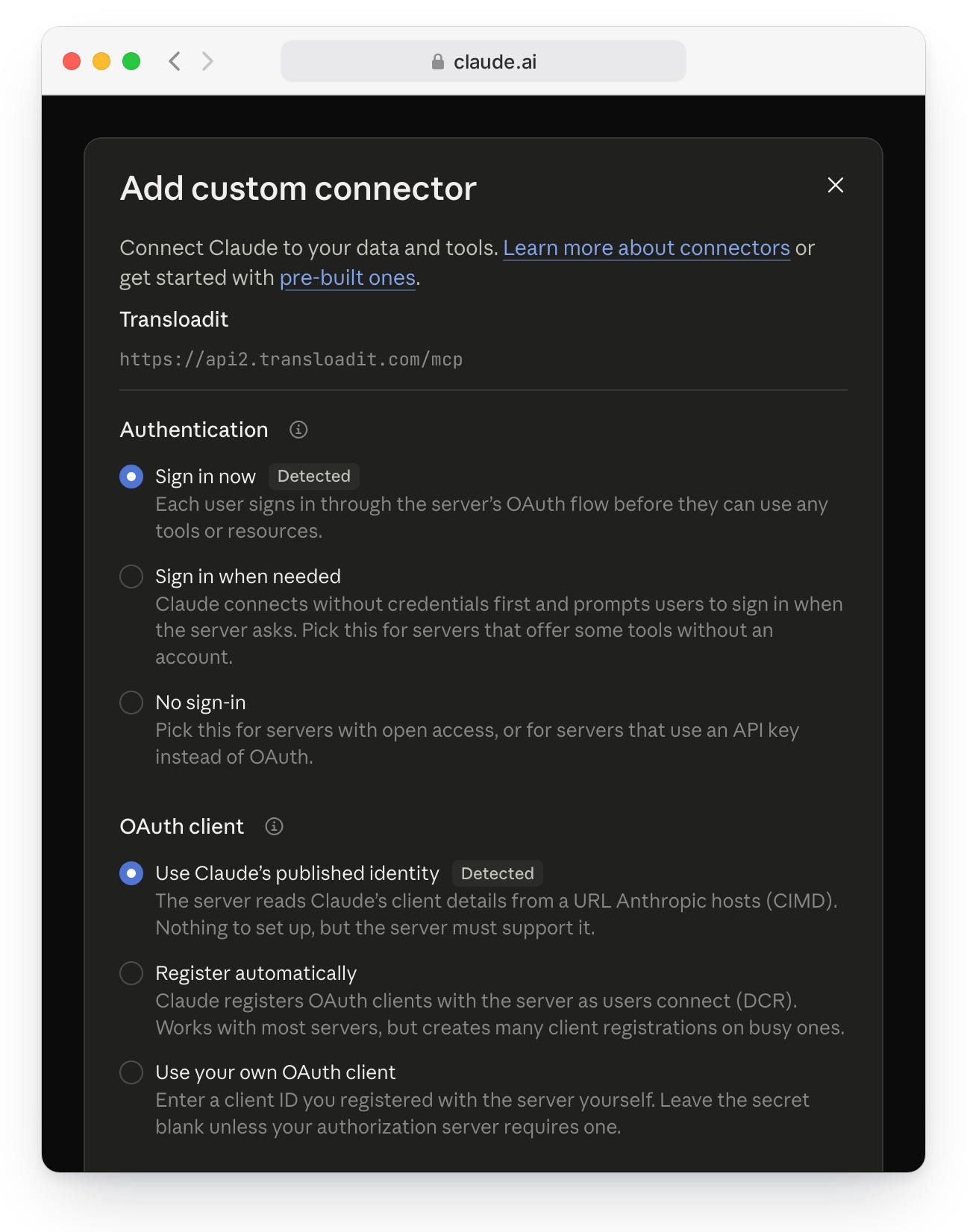 Claude’s Add custom connector step for Transloadit, with Authentication set to Sign in now and the OAuth client set to Claude’s published identity, both detected from the URL