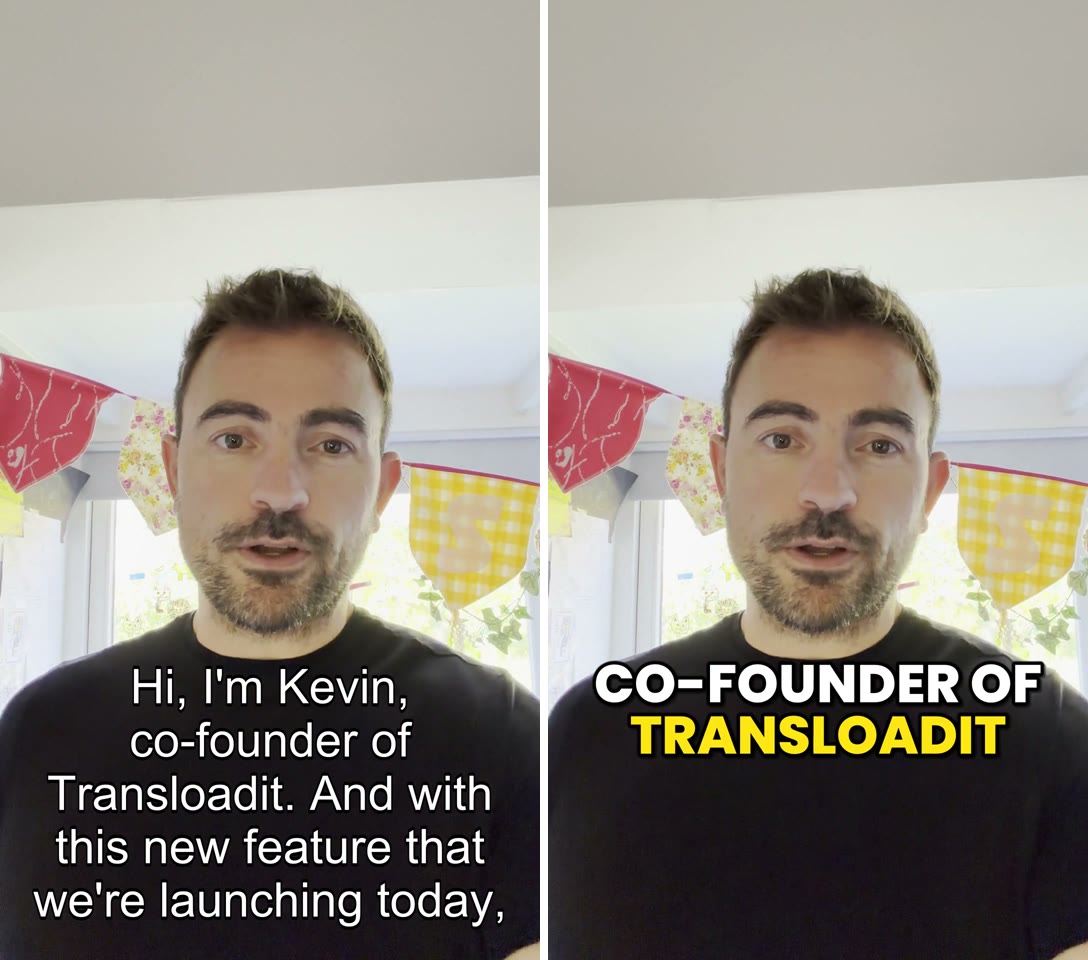 The same moment twice: on the left, plain subtitles fill the lower half of the frame with five lines of thin text starting “Hi, I'm Kevin, co-founder of Transloadit”; on the right, the social style shows “CO-FOUNDER OF TRANSLOADIT” in big uppercase letters, with “TRANSLOADIT” in yellow