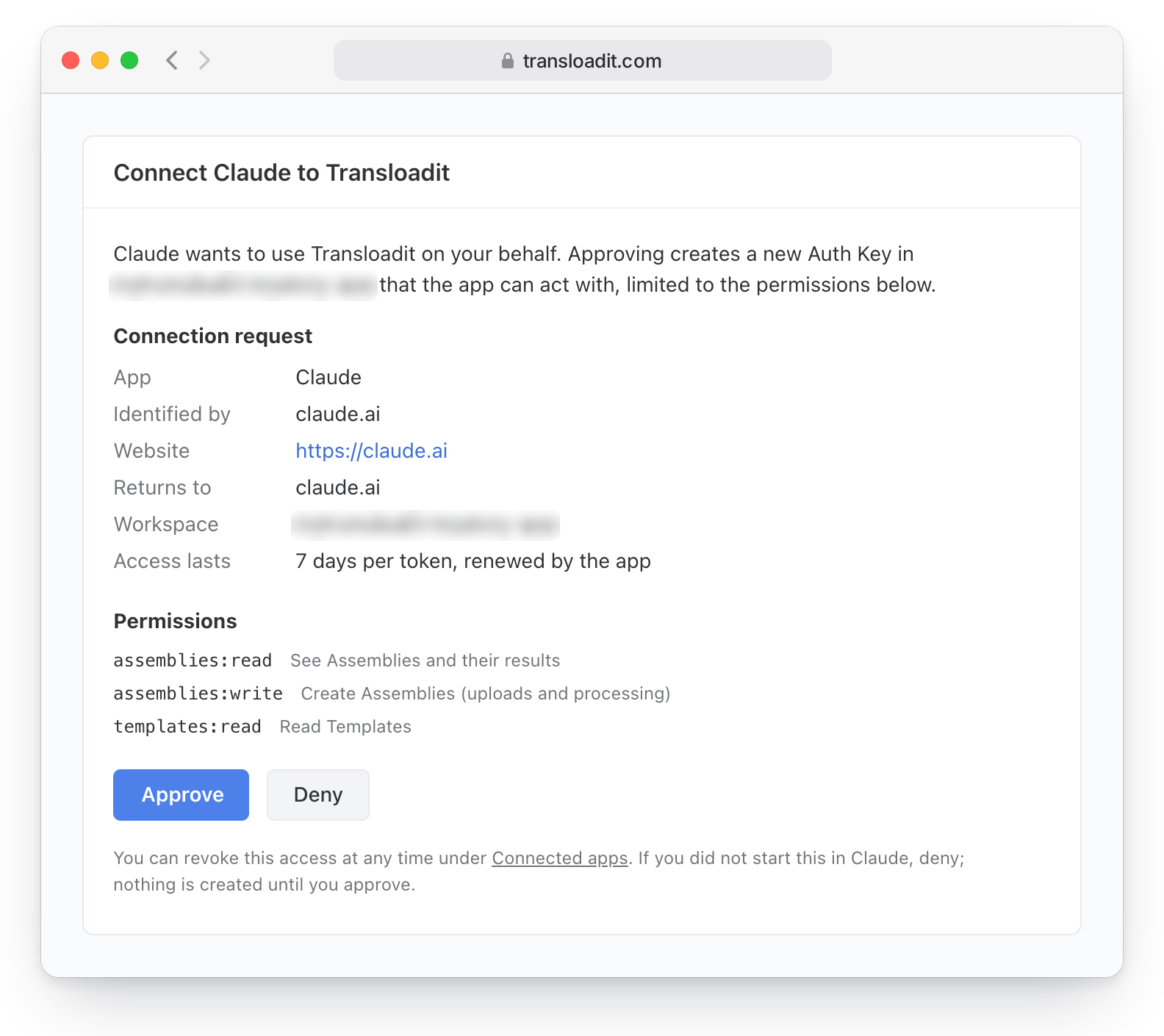 Transloadit’s consent card titled Connect Claude to Transloadit, listing Claude as the app, identified by claude.ai, with website https://claude.ai, returning to claude.ai, a blurred Workspace, access lasting 7 days per token renewed by the app, the permissions assemblies:read, assemblies:write and templates:read, Approve and Deny buttons, and a note that access can be revoked under Connected apps