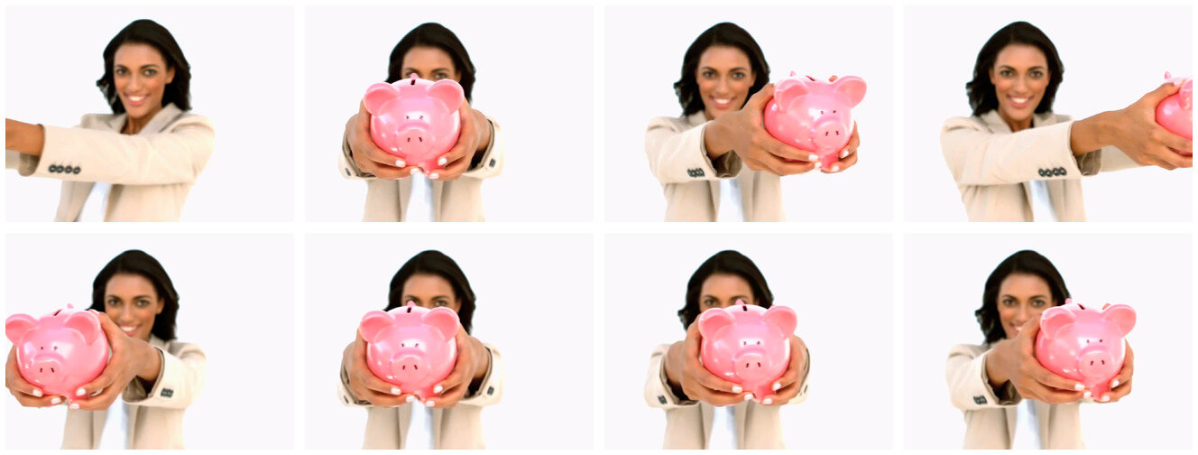 Two rows of four video frames of a woman holding out a pink piggy bank. Top row, one frame per second: the piggy bank is missing from the first frame and cut off in the last. Bottom row, the smart selection: the piggy bank is fully visible in every frame