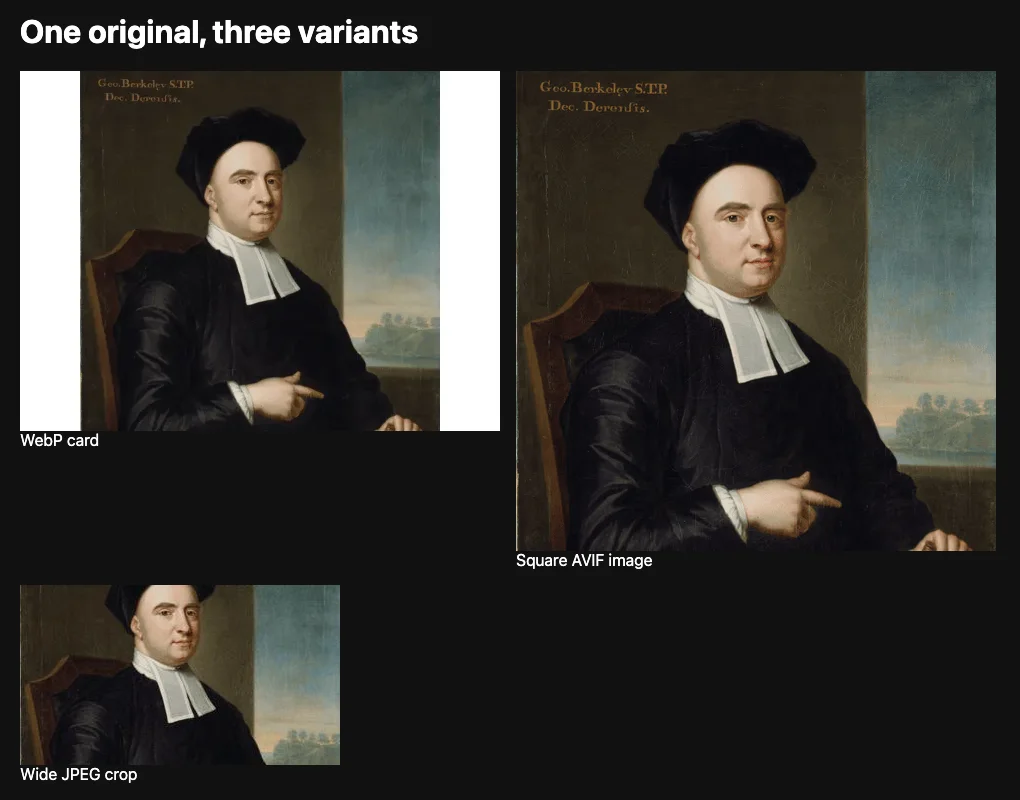 Die generierte Galerie zeigt ein Original als WebP-Karte mit Füllrändern, als quadratisches AVIF-Bild und als breiten JPEG-Zuschnitt