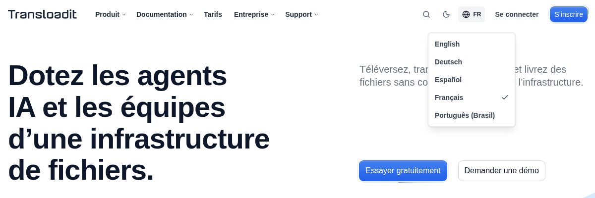 The Transloadit homepage in French with the language menu open, listing English, Deutsch, Español, Français, and Português (Brasil)