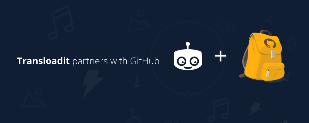 The text 'Transloadit partners with GitHub', next to the Transloadit logo as well as a yellow backpack with the GitHub logo on it.