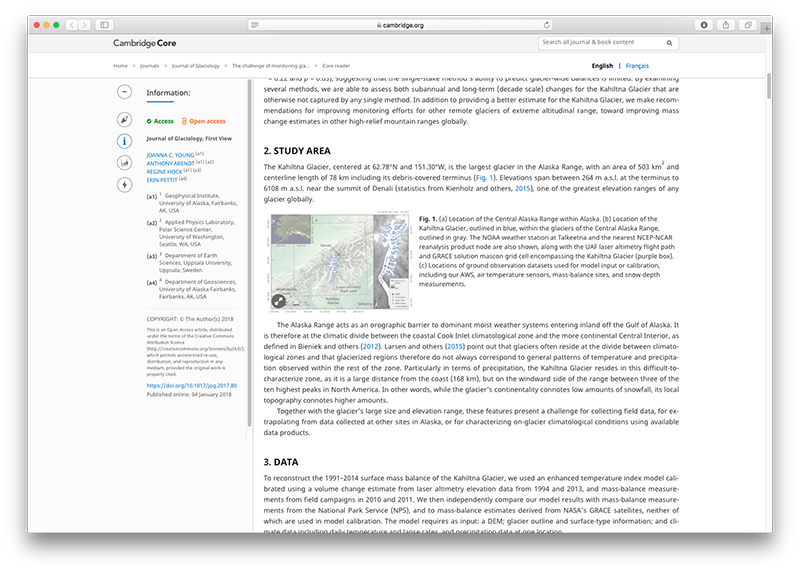 The Cambridge University press website with an example article inside a Safari window.