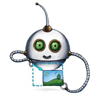 Un boceto más detallado y a color de un robot que sostiene un dibujo.