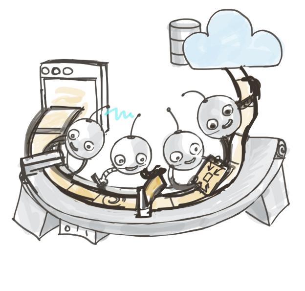 Un boceto de robots amigables trabajando en una cinta transportadora.