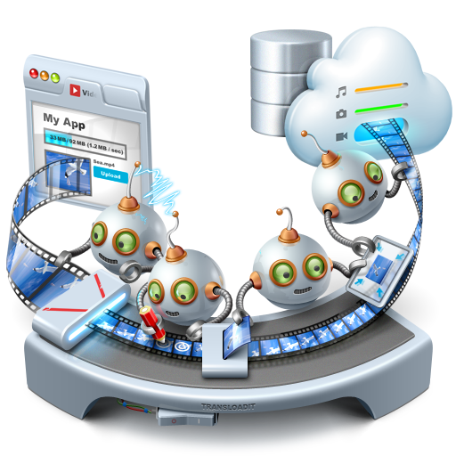 A 3D-style sketch of friendly robots working on a conveyor belt.