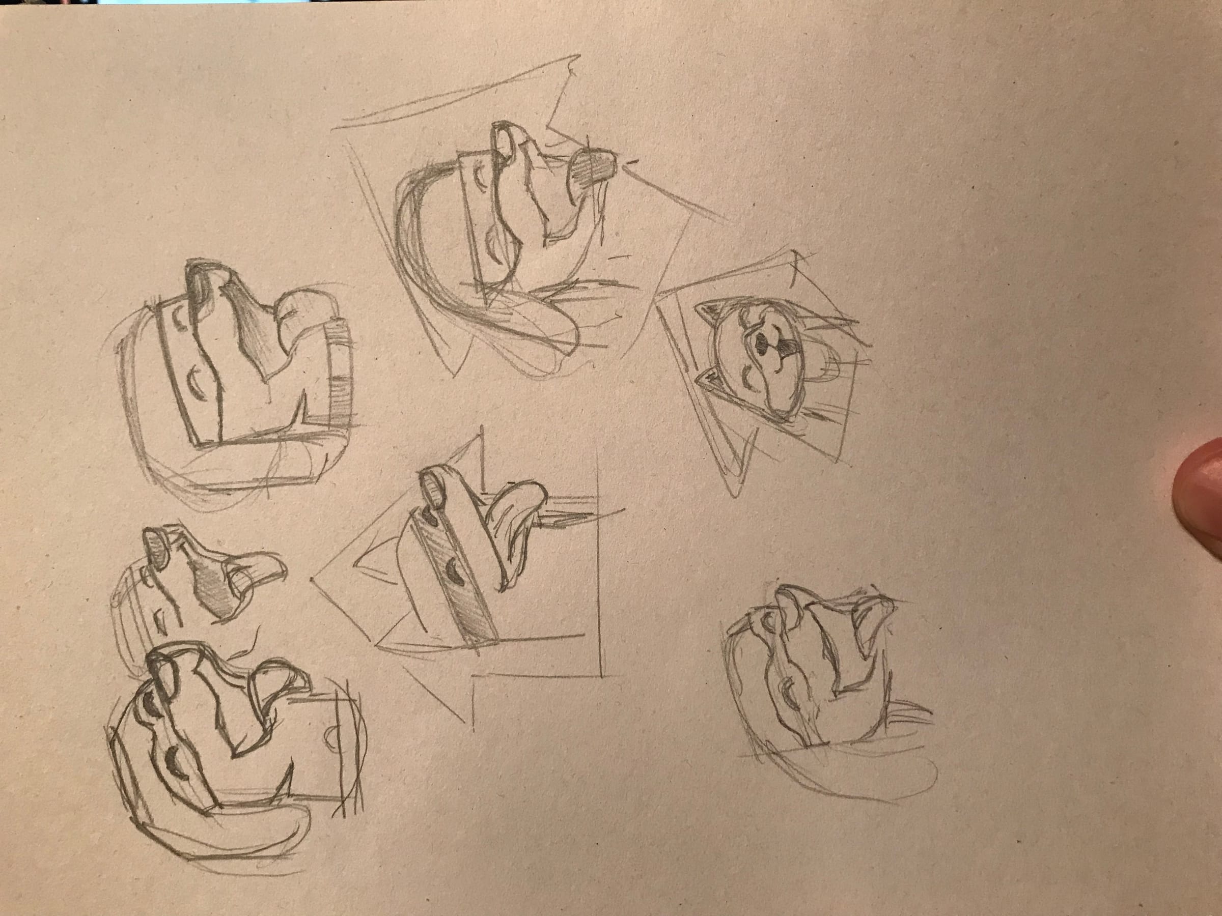 7 different sketches of a dog face wearing a super hero mask.