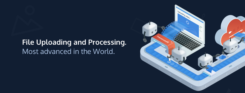 4 robots working to process a video on a conveyor belt with the test “File Uploading and Procesing. Most advanced in the World.”