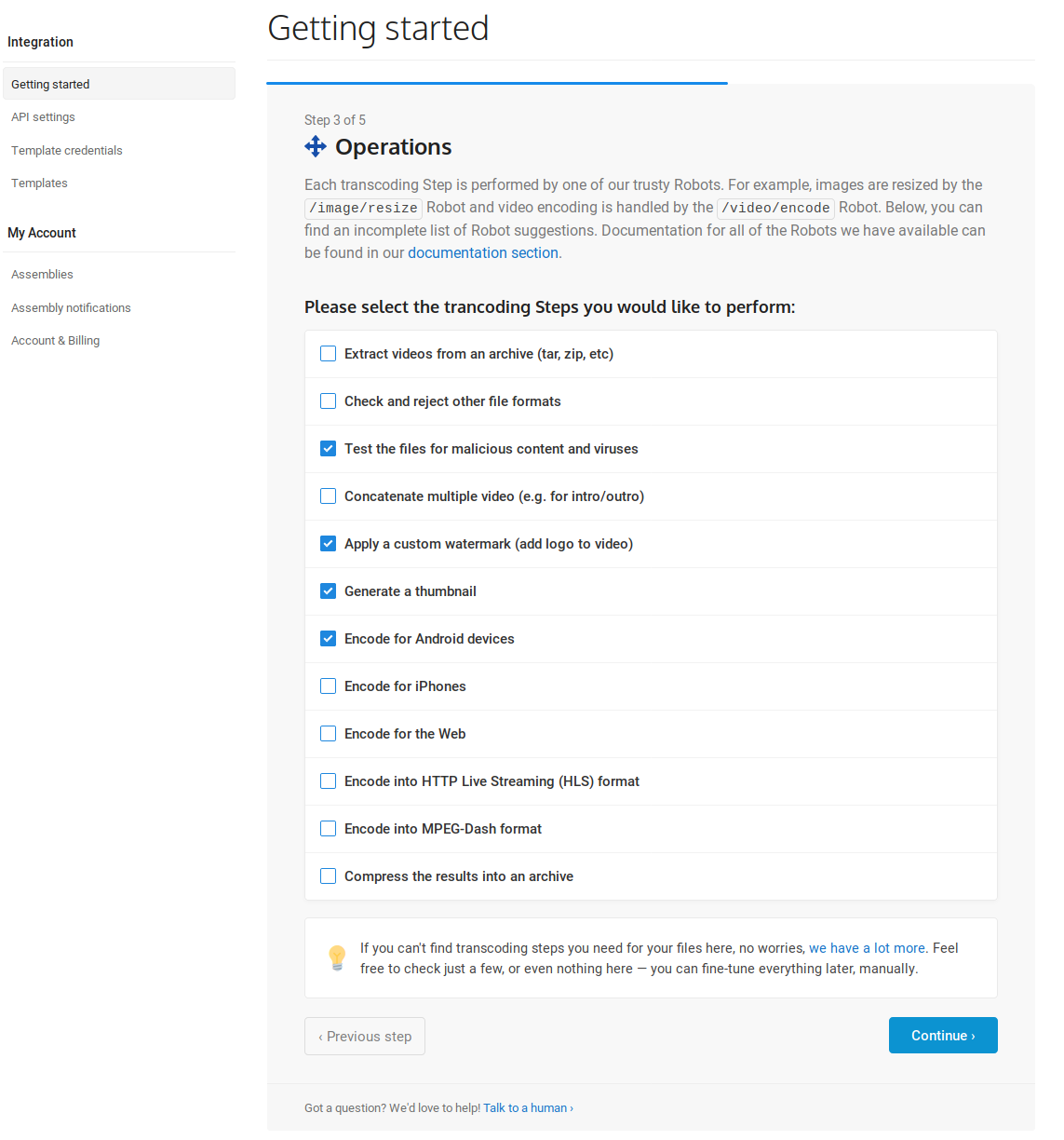 The third step, where the following transcoding Steps are selected: 'Test the files for malicious content', 'Apply a custom watermark', 'Generate a thumbnail', 'Encode for Android devices'.