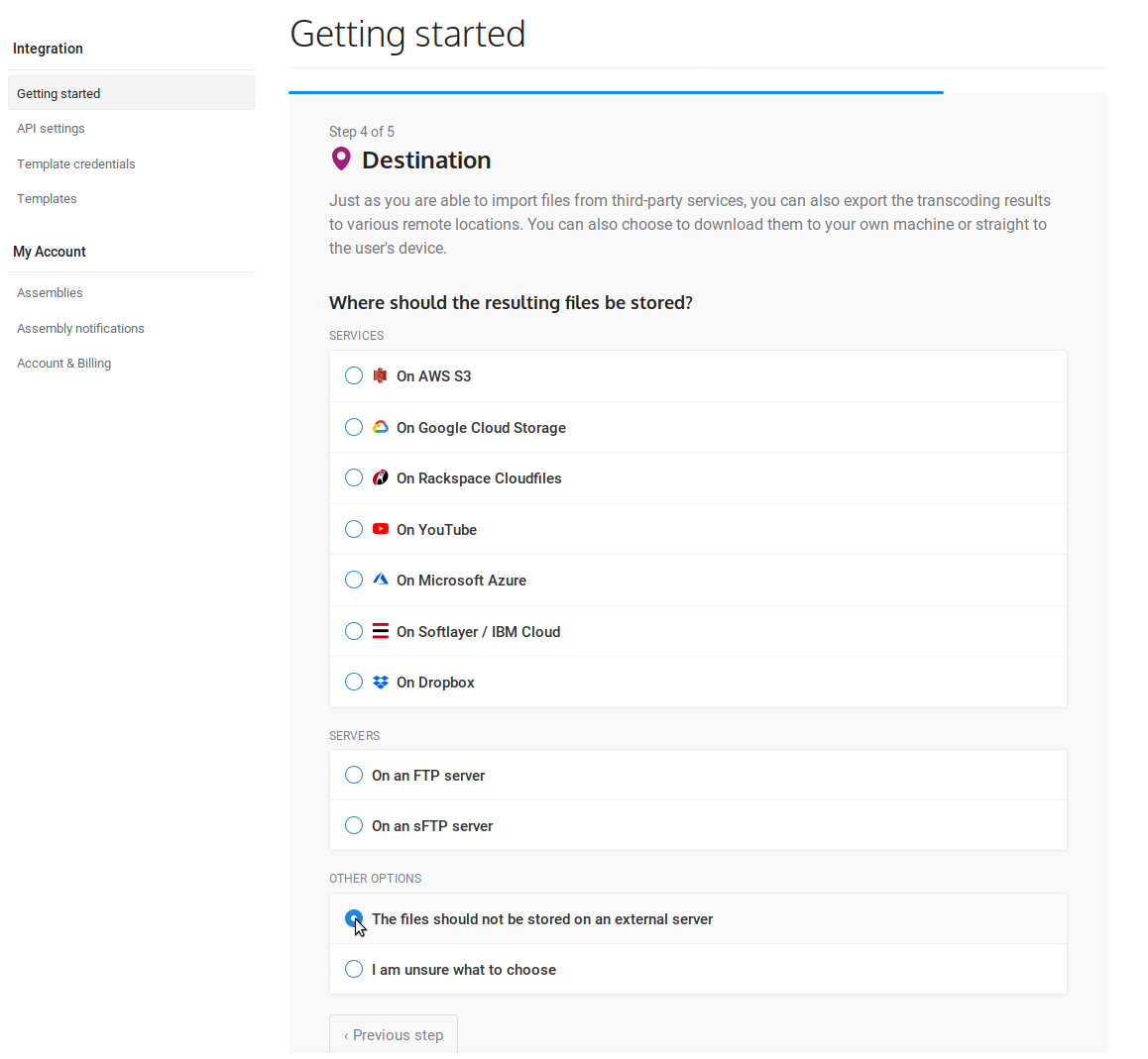 Step four, where 'The files should not be stored as an external server' storage option is selected.