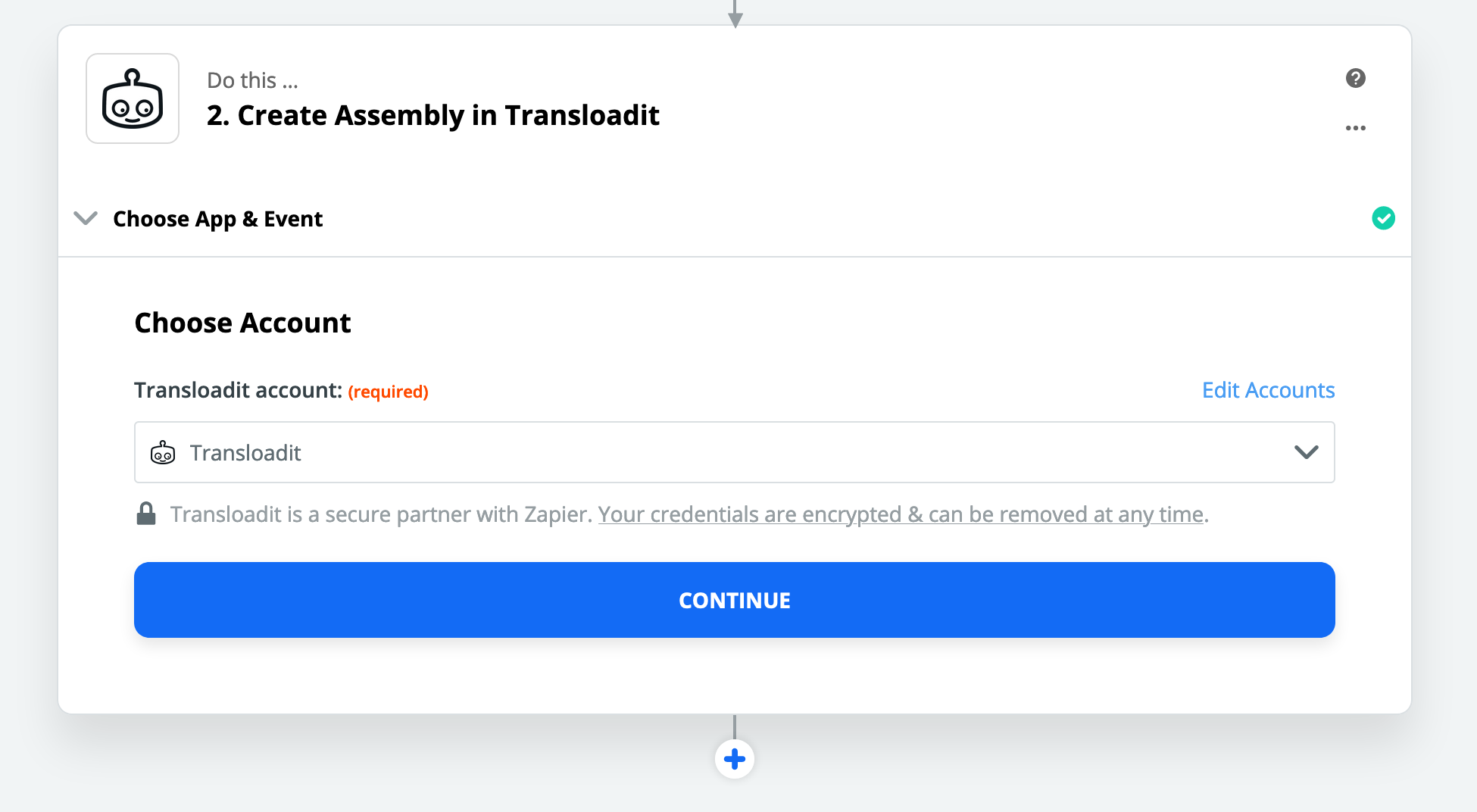 The Create Assembly Event page with the Transloadit account that was just signed in to being selected.