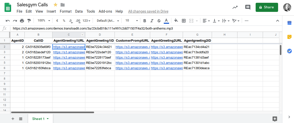 A Google Sheet with several columns in this order: 'AgentID', 'CallID', 'AgentGreeting1URL', 'AgentGreeting1ID', 'CustomerPromptURL', 'AgentGreeting2URL', ' AgentGreeting2ID'.