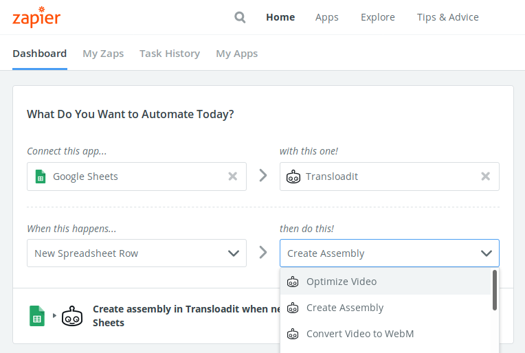 The Zapier Dashboard, with Google Sheets to Transloadit selected. When a New Spreadsheet Row is added, then an Assembly will be fired.