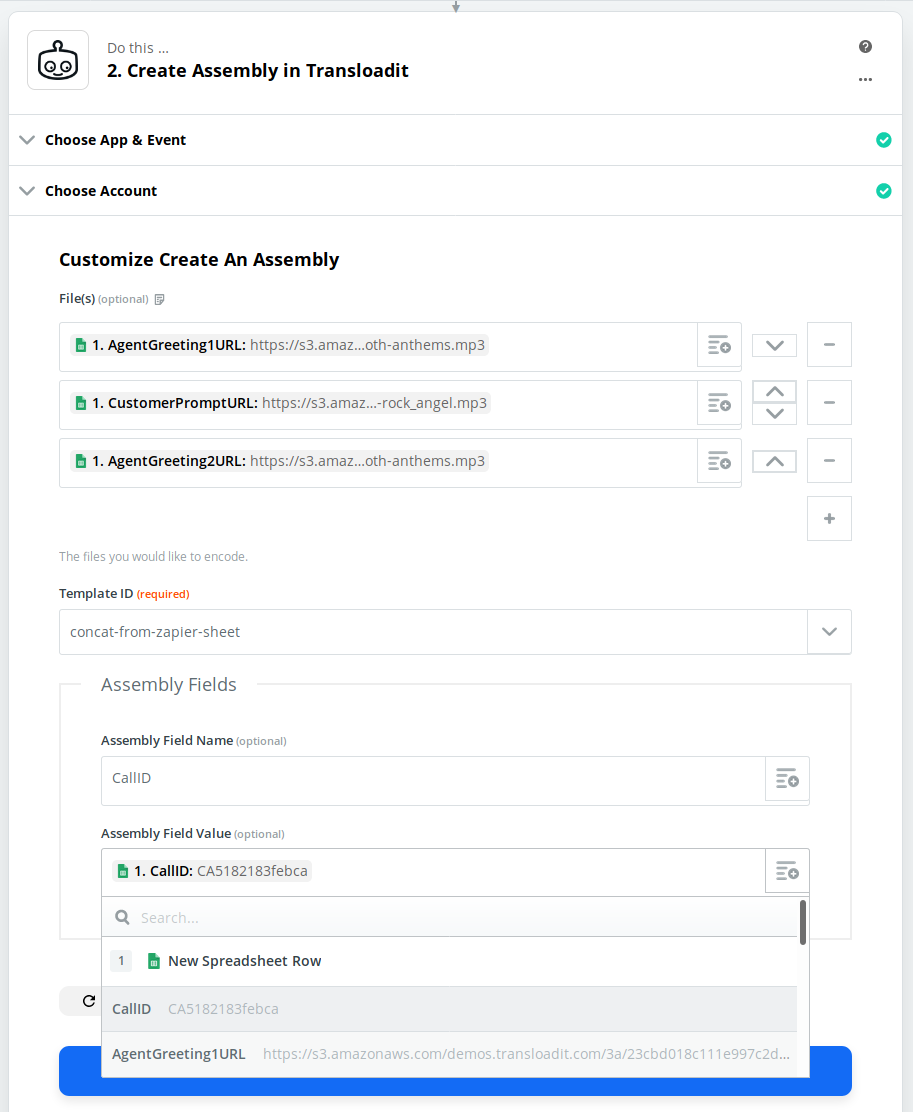 The Create Assembly Event being customized with several files, the Template ID 'concat-from-zapier-sheet' and an Assembly Field of 'CallID'.