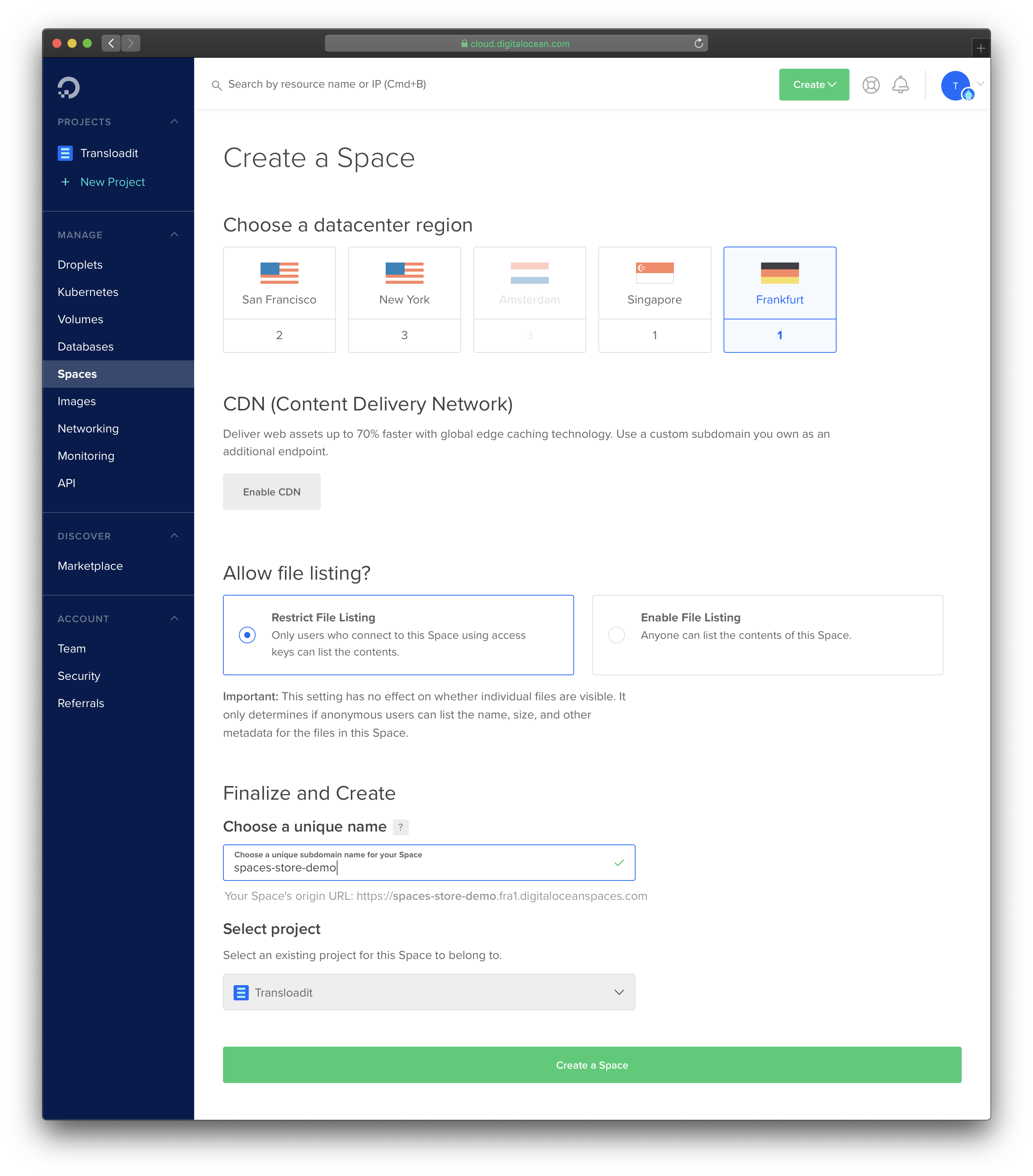 Creating a Space on DigitalOcean in Frankfurt, with 'Restrict File Listing' selected.