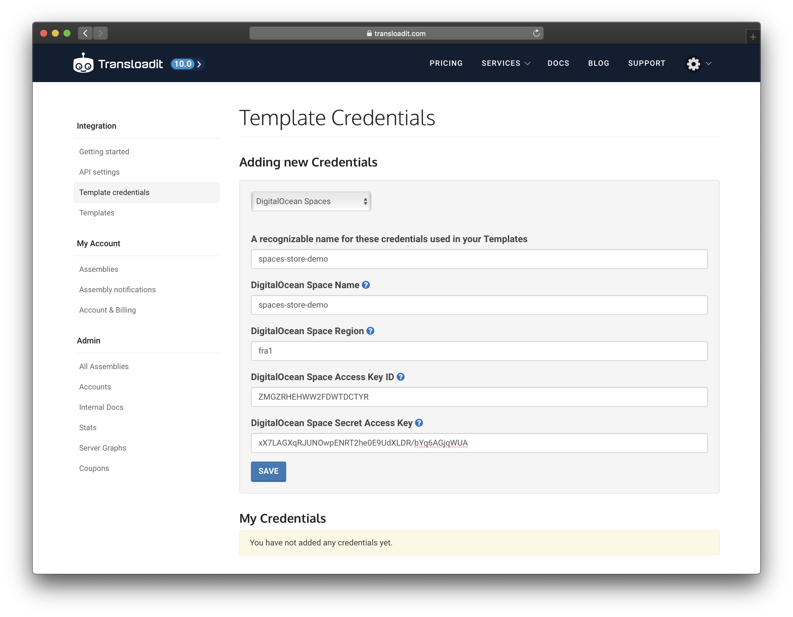 The Transloadit Template Credentials page, where a new DigitalOcean Credential is being made.