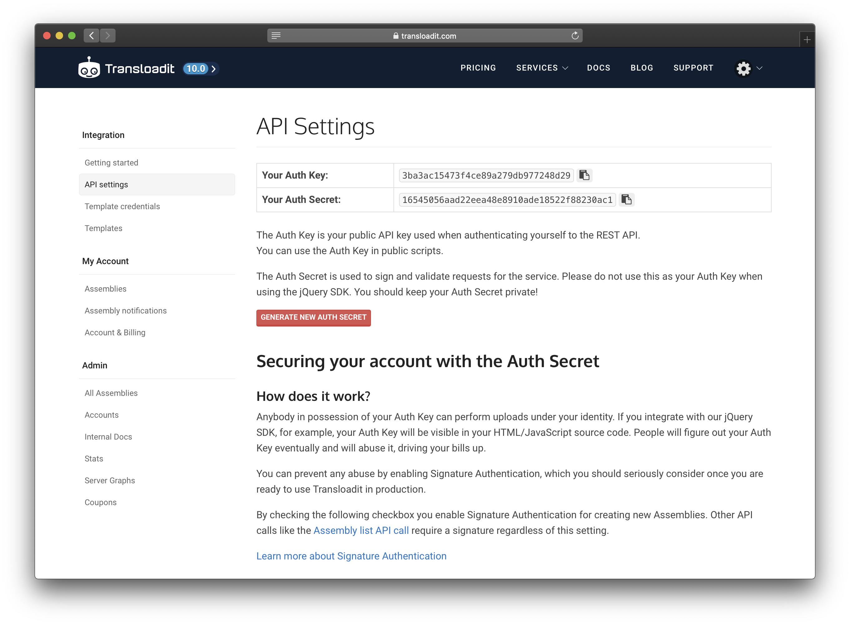 Copying the Auth key from the Transloadit Credentials page