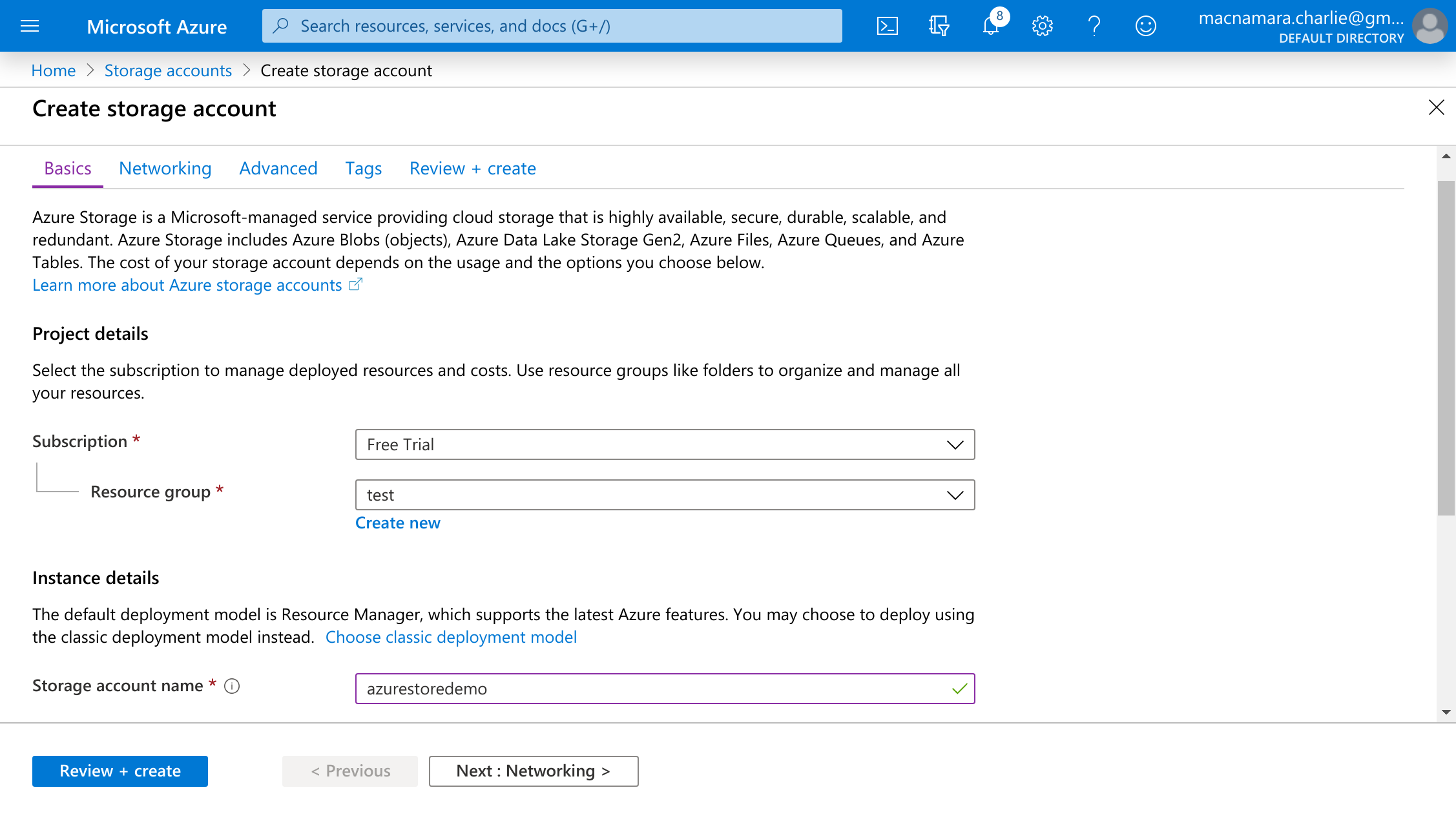 The Microsoft Azure 'Create storage account' page