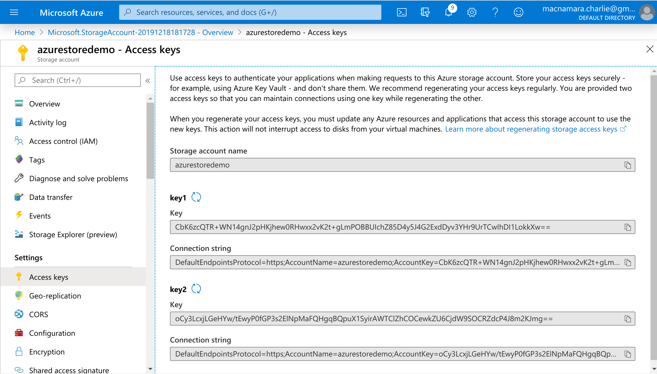 The Microsoft Azure 'Access keys' page, with two keys visible