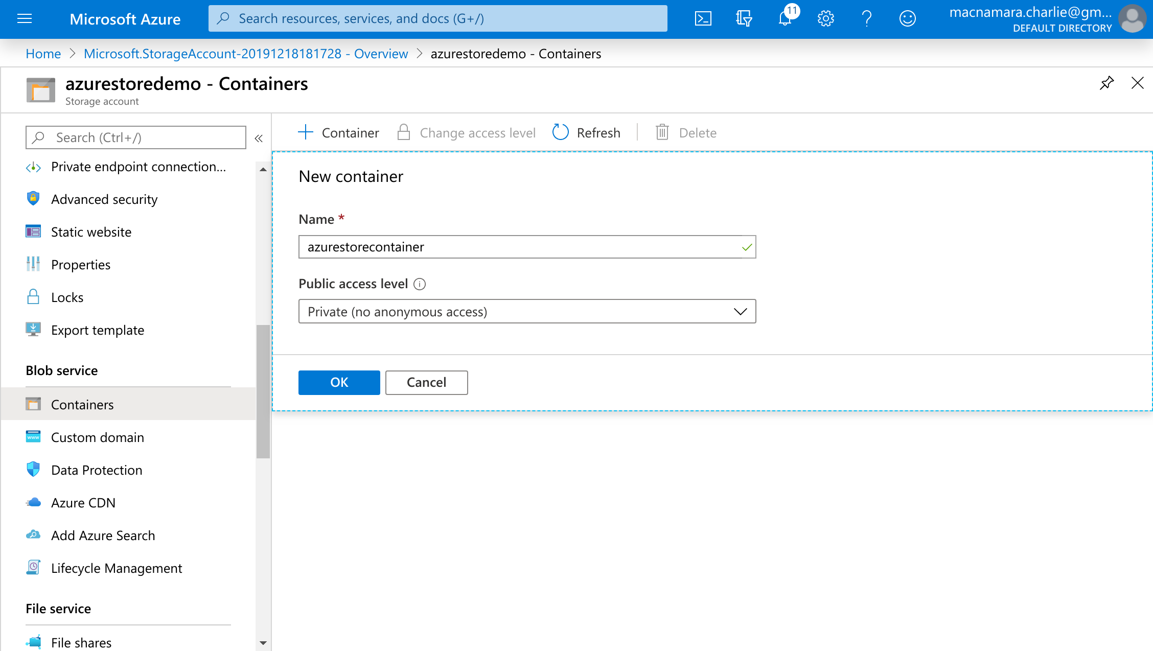 The 'Create Containers' page, with the name set to 'azurestorecontainer' and the Public access level set to 'Private.
