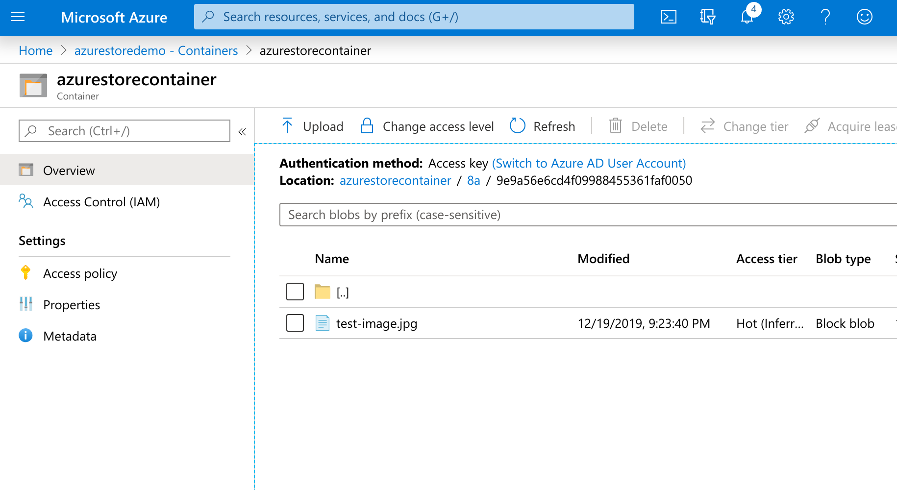 The Azure container showing the file we uploaded being stored