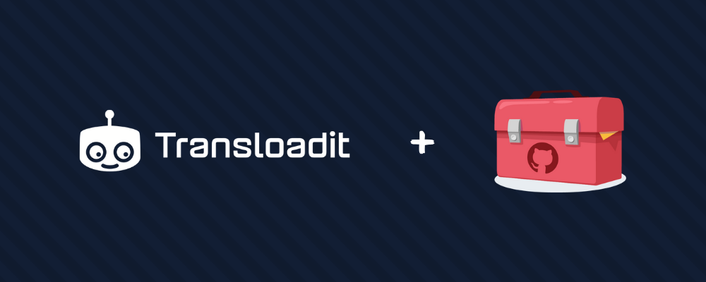 The Transloadit logo on the left of a plus symbol, and the GitHub education toolbox logo on the right. Behind is a dark blue background.