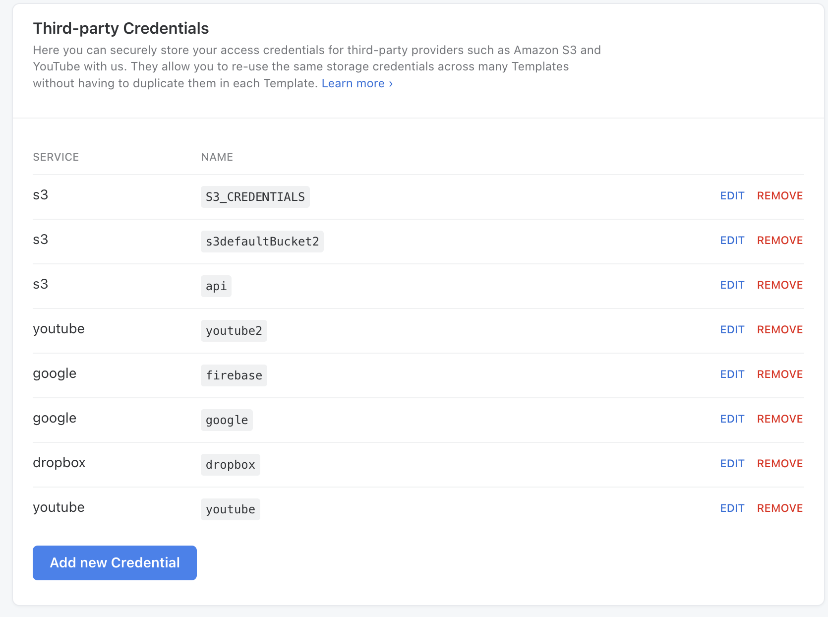 Screenshot: Third-party Credentials in Transloadit Console