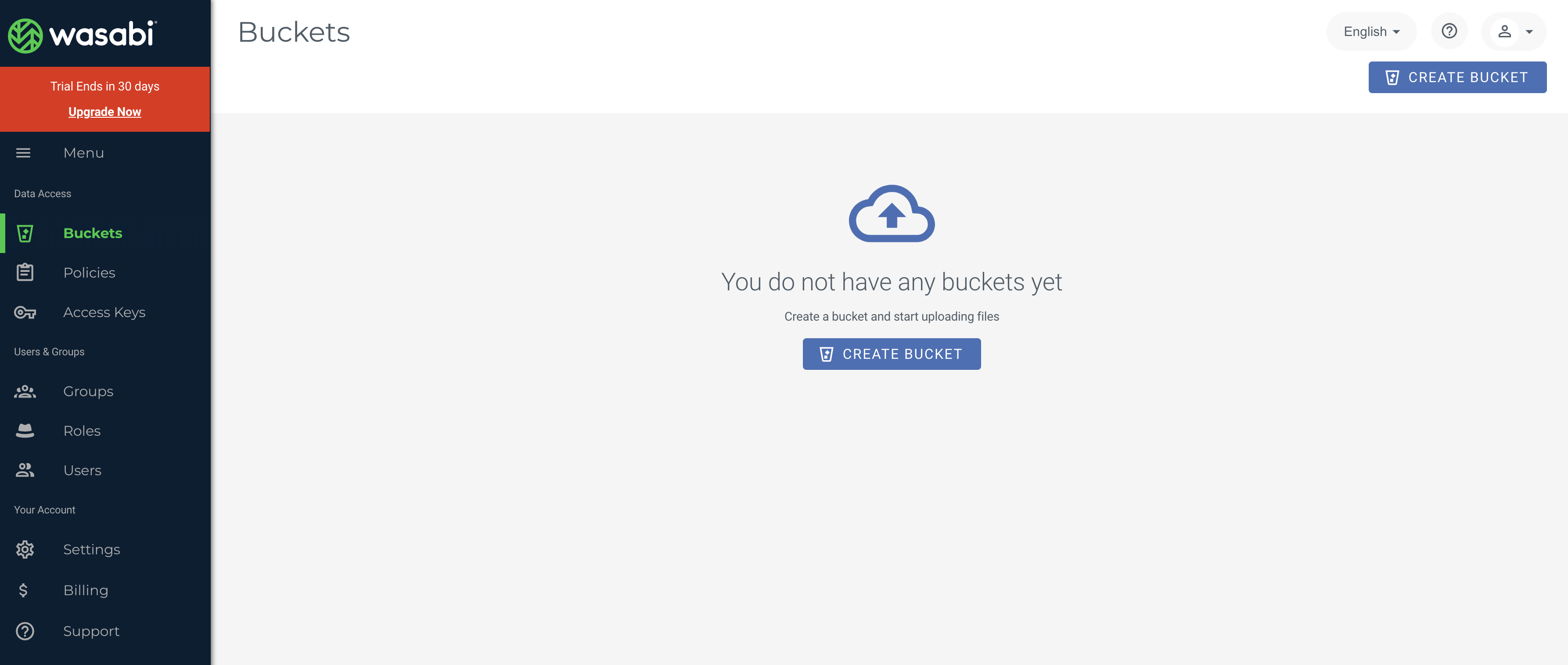A screenshot of the Wasabi Create Bucket page. No buckets have been created yet, and there is a button in the middle with the text 'Create Bucket'.