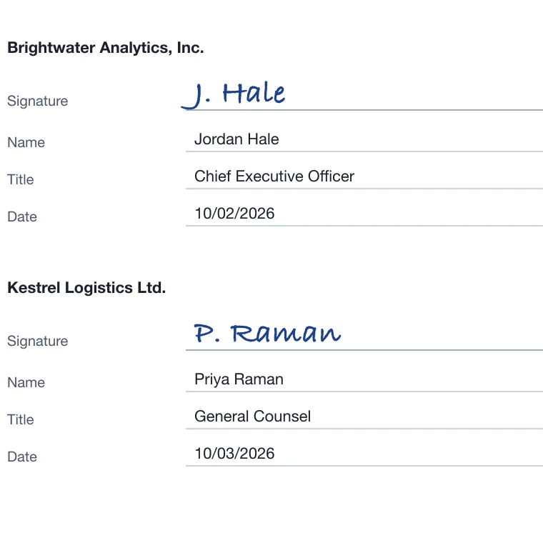 Names, titles, and dates on the sample agreement, each one boxed with the coordinates OCR returns