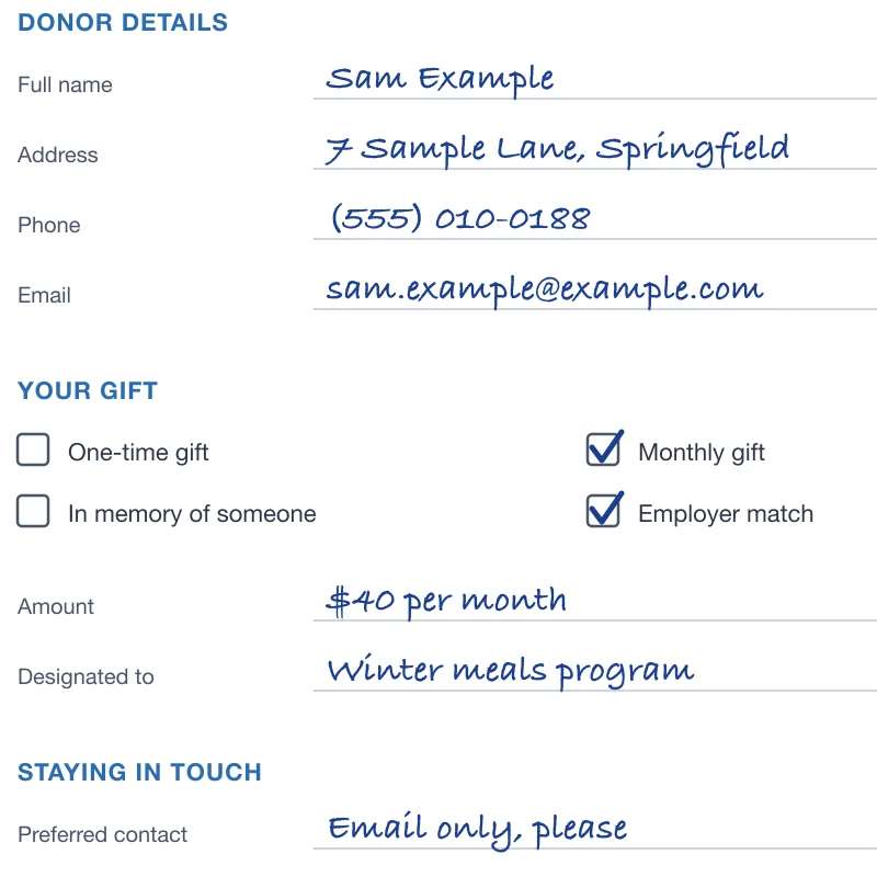 Answers on the sample pledge form, each one boxed where its text was found