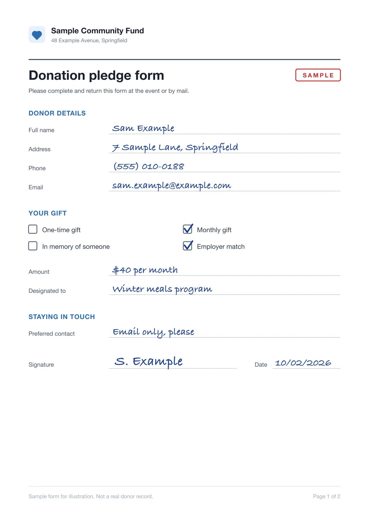 The sample pledge form filed as a PDF document